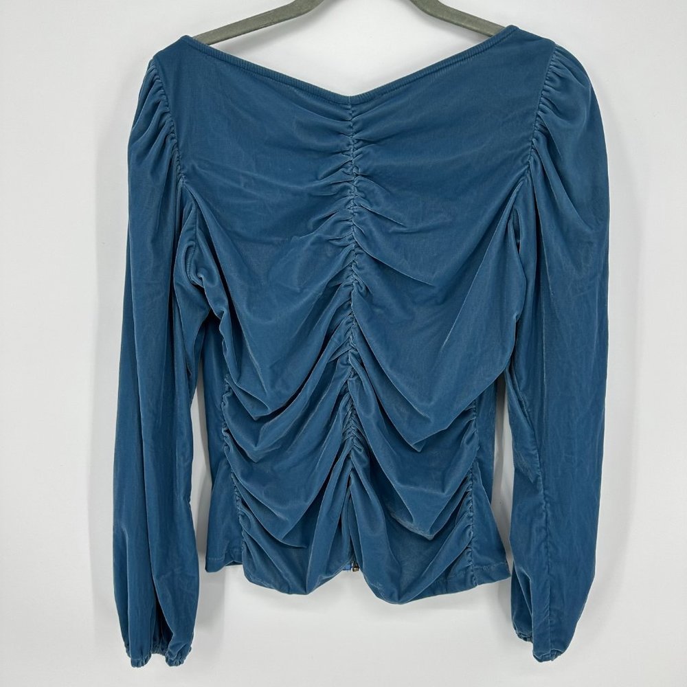 Tyler McGillivary Velvet Wave Blouse Top S Ruched Long Sleeves Backless Blue